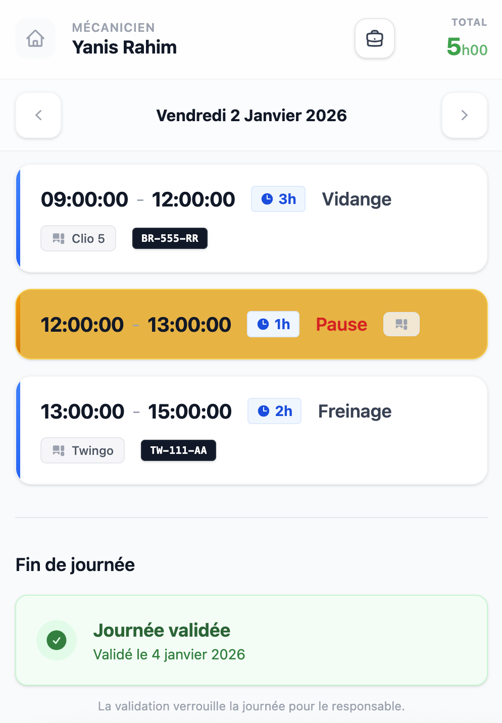 Interface mobile mécanicien ChronoAtelier