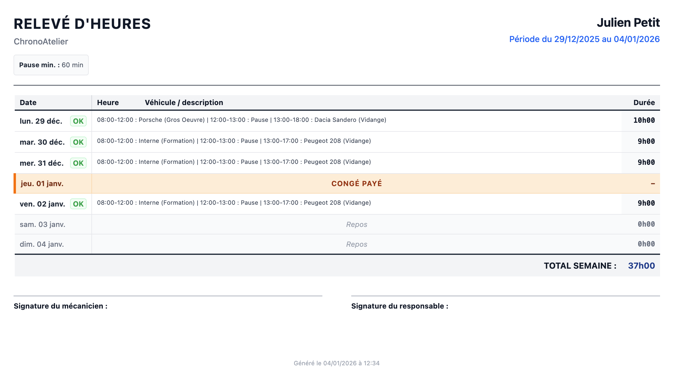 Exemple de fiche d'heures PDF générée